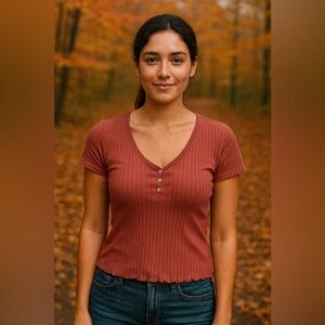 American Eagle Outfitters Rose Ribbed Cropped Size Large Soft Short Sleeve Top